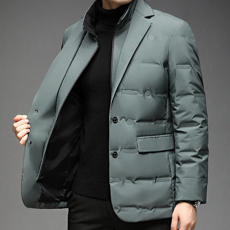 Men's green insulated duck down puffer jacket with zip front