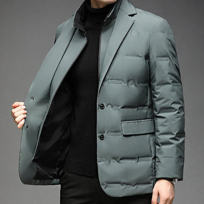 Men's green insulated duck down puffer jacket with zip front