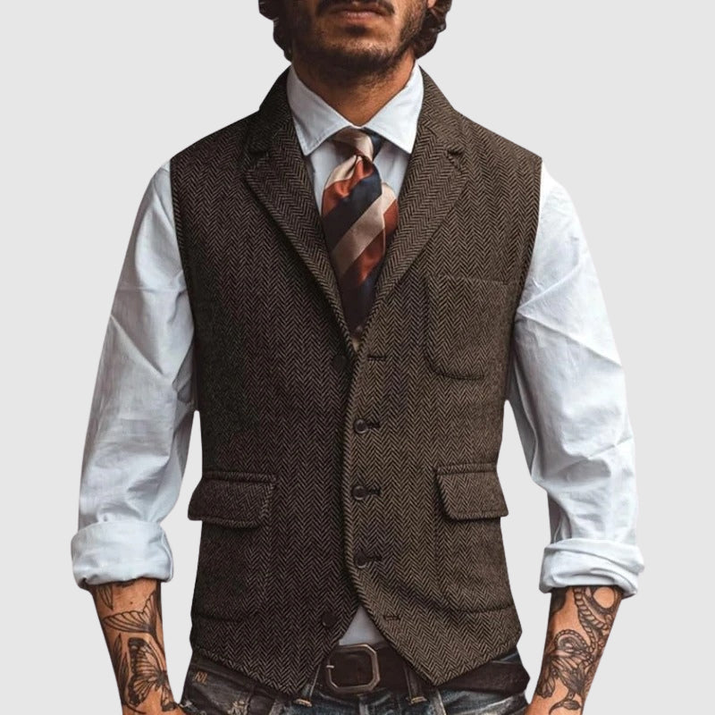 Men's khaki herringbone suit vest in slim fit for formal wear