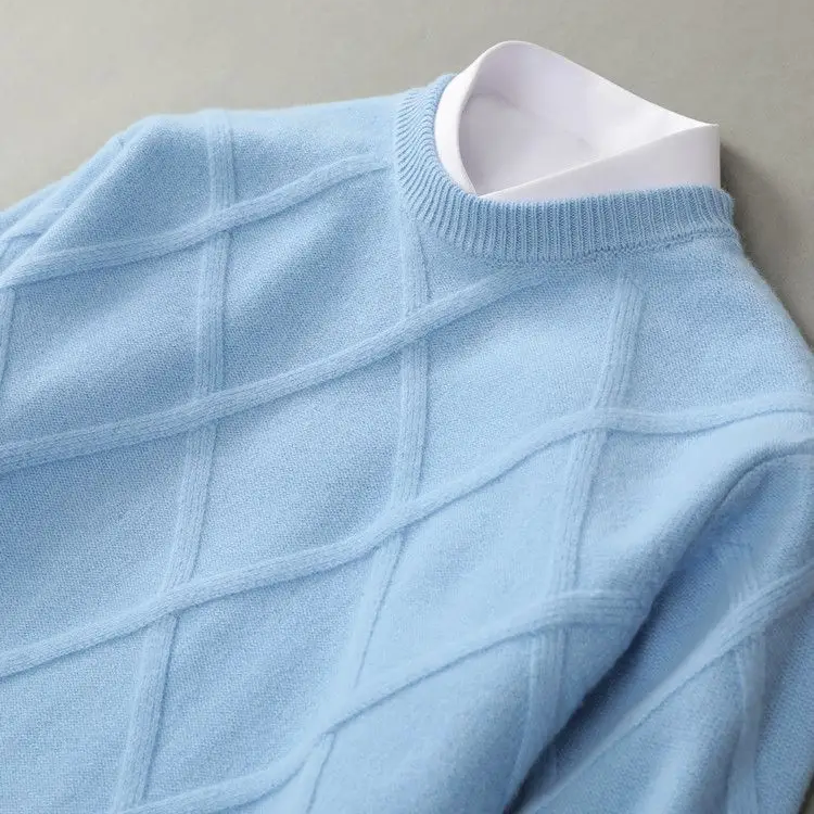 Men's blue cashmere knit sweater with subtle pattern