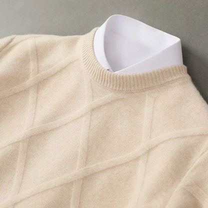 Men's blue cashmere knit sweater with subtle pattern