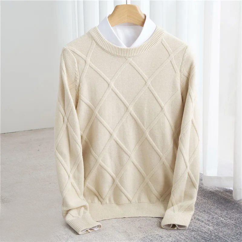 Men's blue cashmere knit sweater with subtle pattern