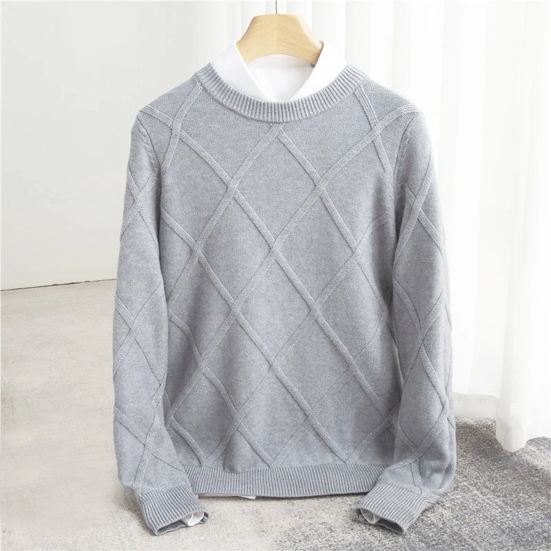 Men's blue cashmere knit sweater with subtle pattern