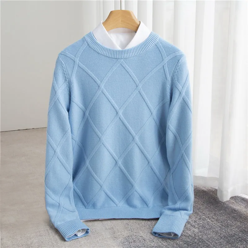 Men's blue cashmere knit sweater with subtle pattern