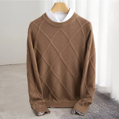 Men's beige cashmere knit sweater with subtle pattern