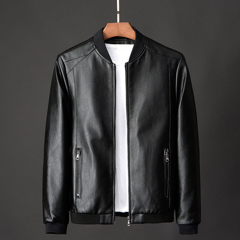 Men's black faux leather bomber jacket with stand collar and ribbed hem