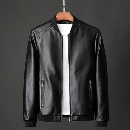 Men's black faux leather bomber jacket with stand collar and ribbed hem