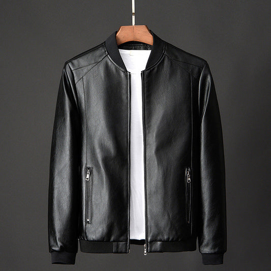 Men's black faux leather bomber jacket with stand collar and ribbed hem