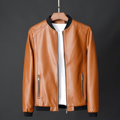 Men's black faux leather bomber jacket with stand collar and ribbed hem