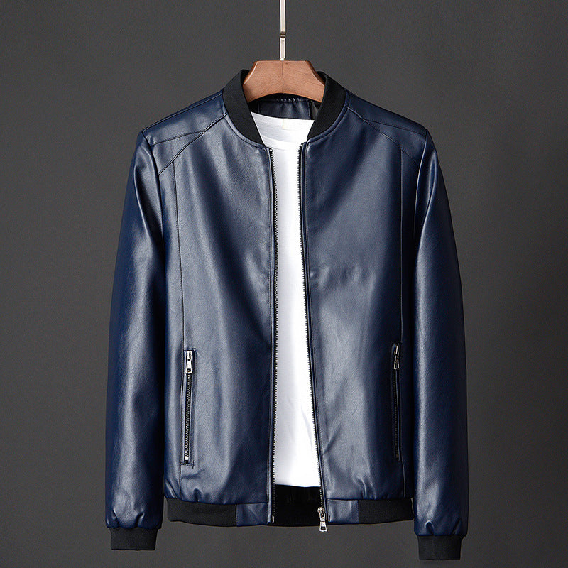 Men's black faux leather bomber jacket with stand collar and ribbed hem