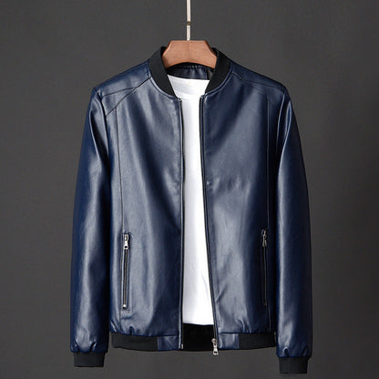 Men's black faux leather bomber jacket with stand collar and ribbed hem