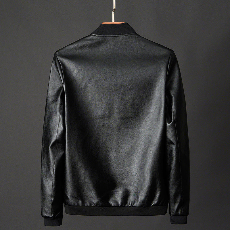 Men's black faux leather bomber jacket with stand collar and ribbed hem