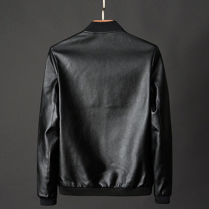 Men's black faux leather bomber jacket with stand collar and ribbed hem