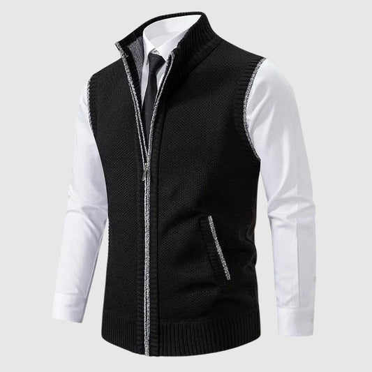 Men's black zip up wool blend sweater vest with turn down collar