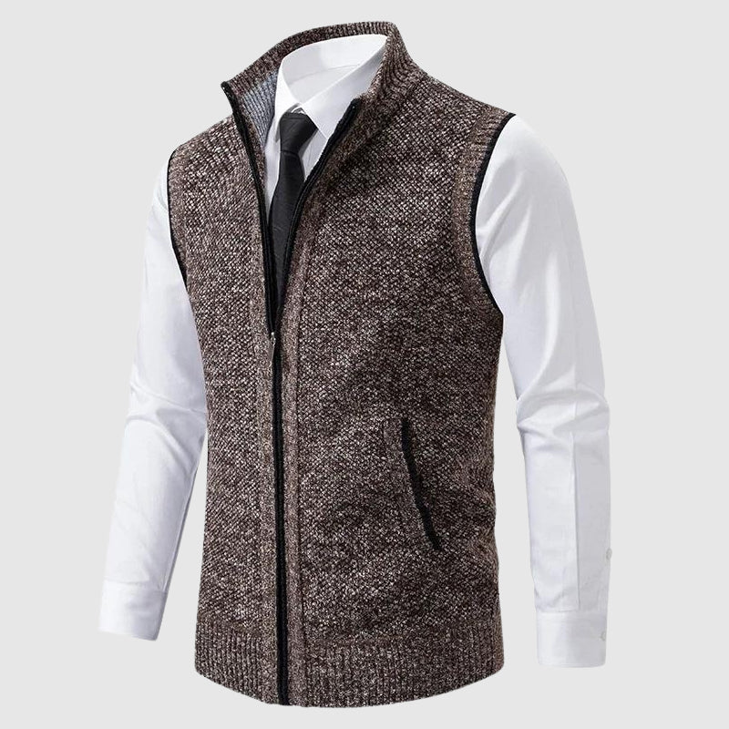 Men's black zip up wool blend sweater vest with turn down collar