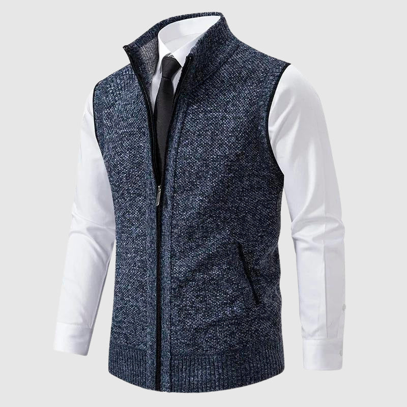 Men's black zip up wool blend sweater vest with turn down collar