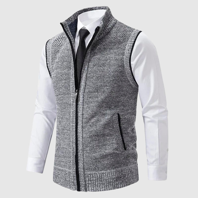 Men's black zip up wool blend sweater vest with turn down collar