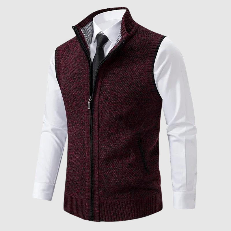 Men's black zip up wool blend sweater vest with turn down collar