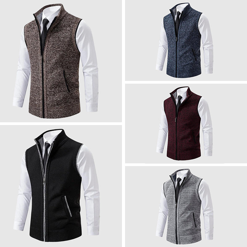Men's khaki zip up wool blend sweater vest with turn down collar