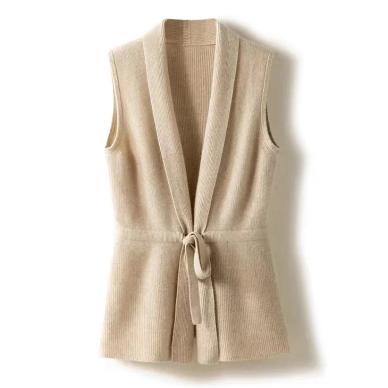 Women's beige cashmere blend knit vest with waist tie
