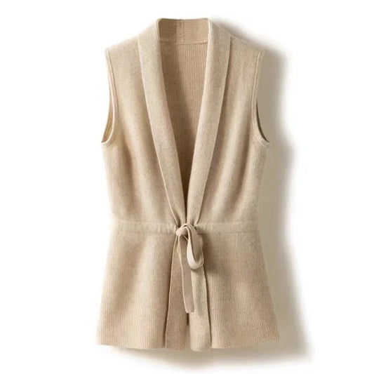 Women's beige cashmere blend knit vest with waist tie