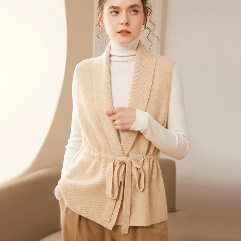 Women's cashmere blend knit vest with waist tie