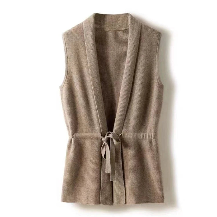 Women's camel cashmere blend knit vest with waist tie
