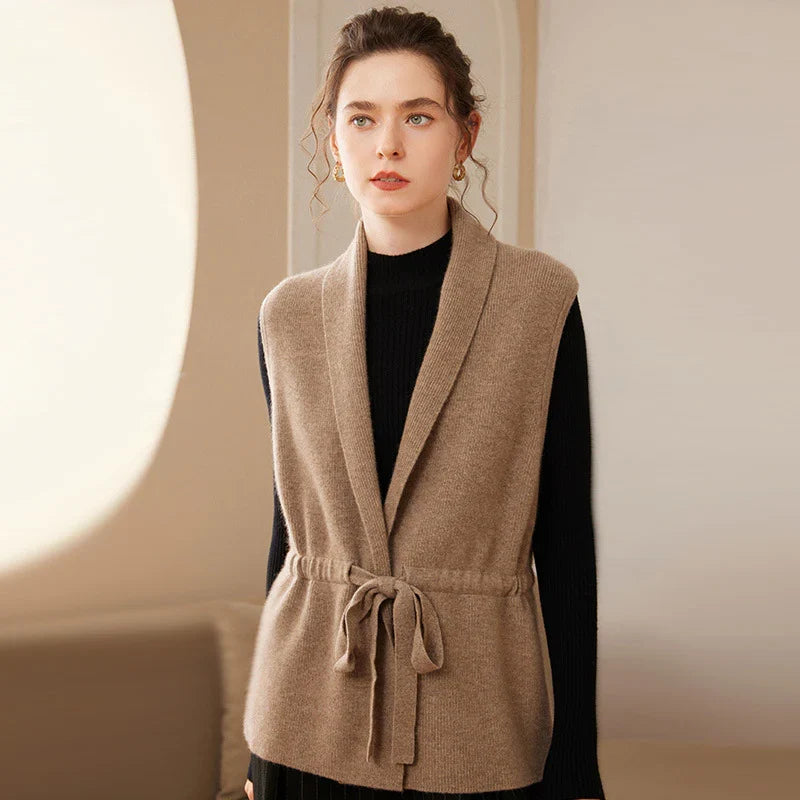 Women's cashmere blend knit vest with waist tie