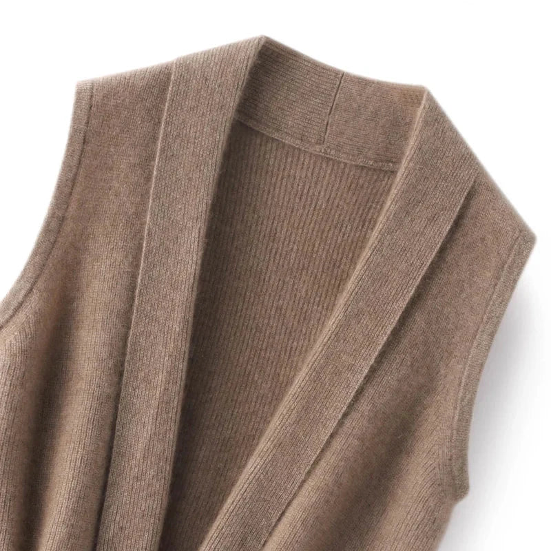 Women's cashmere blend knit vest with waist tie