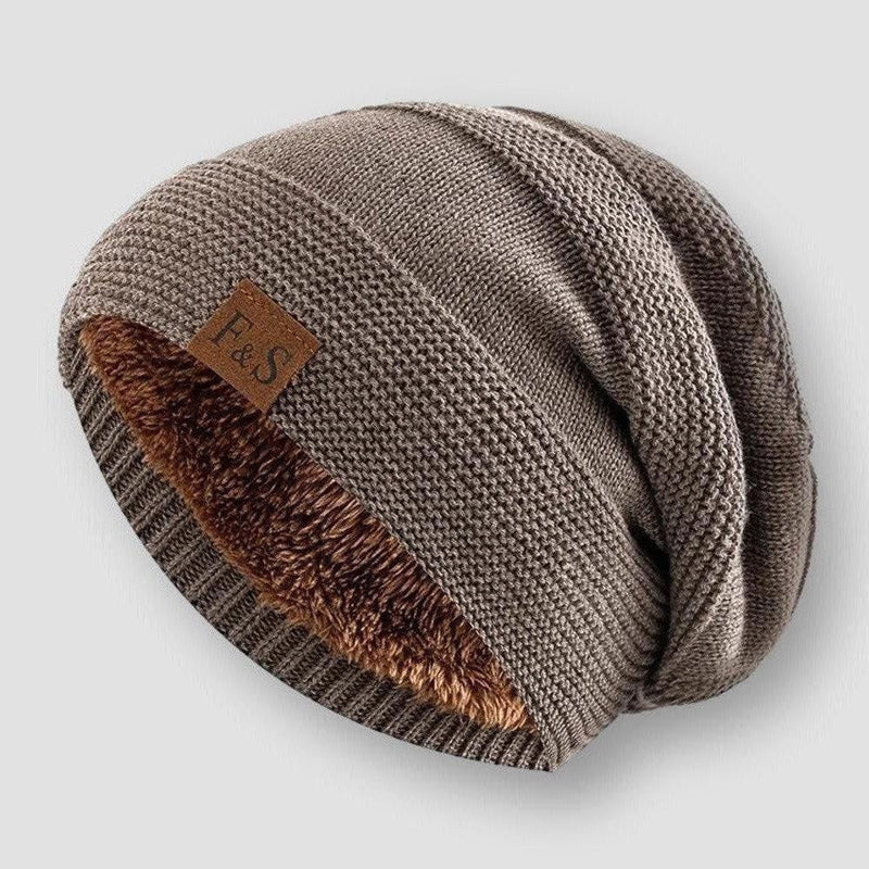 Khaki Slouchy Wool Blend Fleece-Lined Beanie