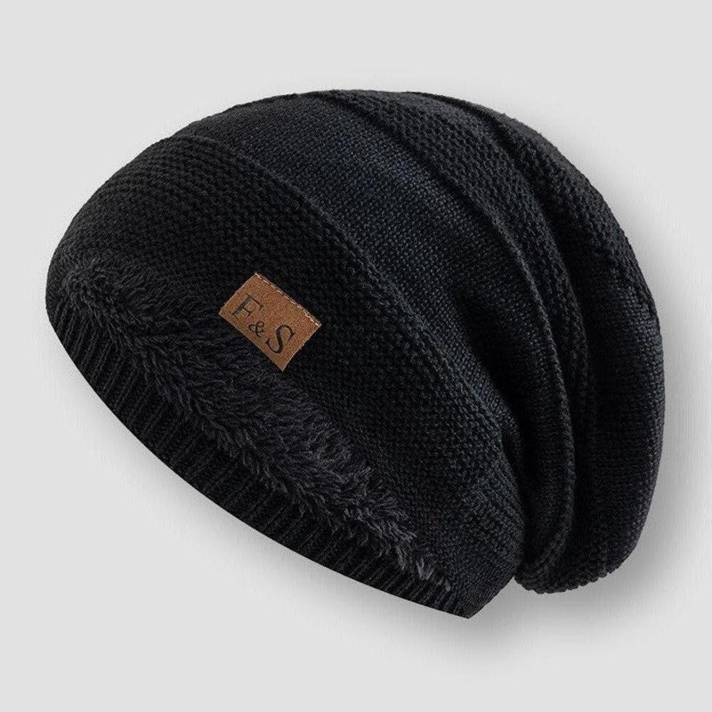 Black Slouchy Wool Blend Fleece-Lined Beanie
