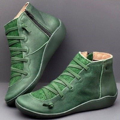 Green Modern Zip-Up Ankle Boots with Lace Detail