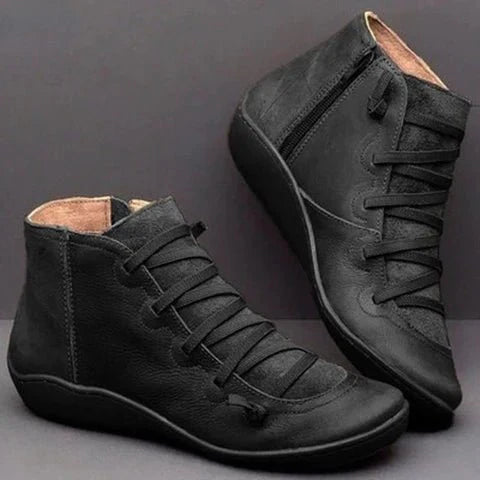 Black Modern Zip-Up Ankle Boots with Lace Detail