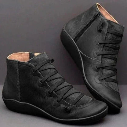 Black Modern Zip-Up Ankle Boots with Lace Detail