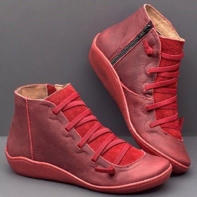 Red Modern Zip-Up Ankle Boots with Lace Detail