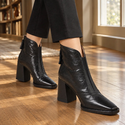 Women's black square toe ankle boots with block heel