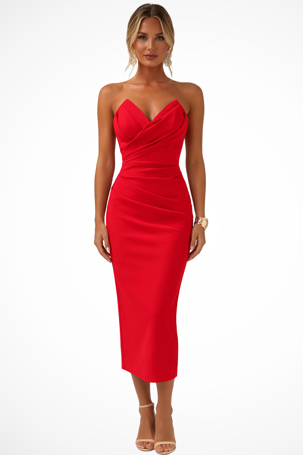 Women's blue strapless sweetheart ruched midi dress