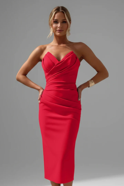 Women's blue strapless sweetheart ruched midi dress