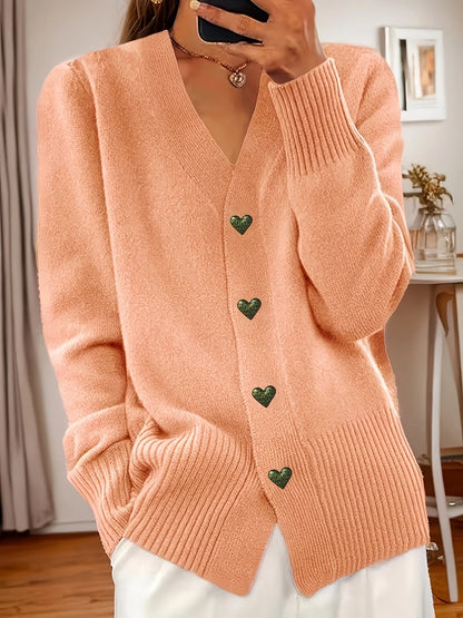 Women's Heart-Button Cardigan, V-Neck Knit Layer