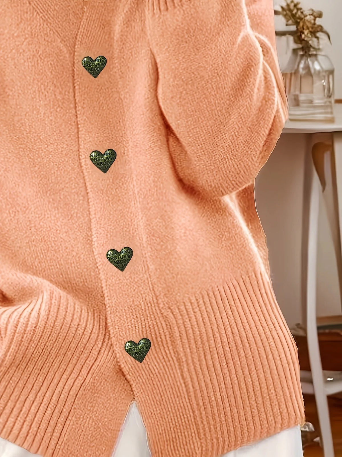 Women's Heart-Button Cardigan, V-Neck Knit Layer