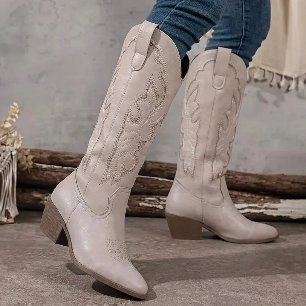Women's taupe embroidered western boots with block heel
