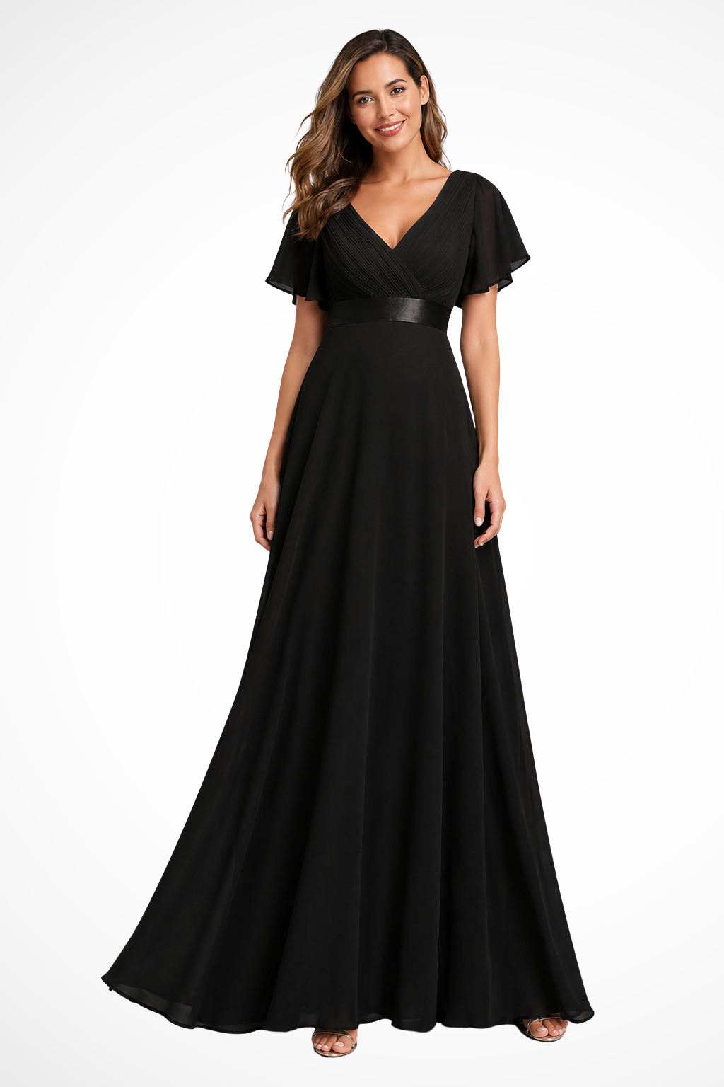 Women's black chiffon flutter sleeve v-neck wedding guest maxi dress