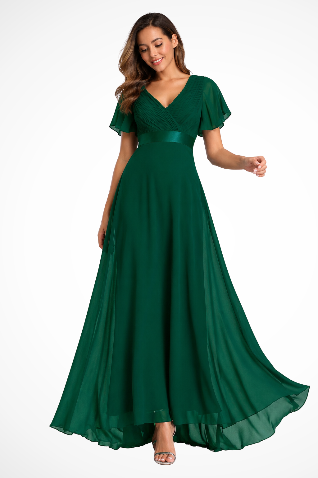 Women's burgundy chiffon flutter sleeve v-neck wedding guest maxi dress