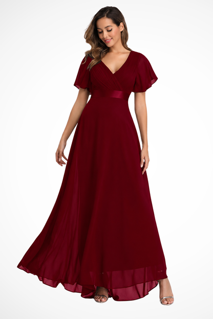 Women's dark green chiffon flutter sleeve v-neck wedding guest maxi dress
