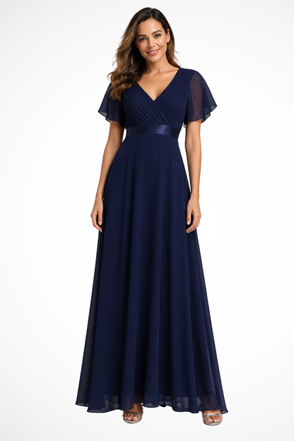 Women's navy blue chiffon flutter sleeve v-neck wedding guest maxi dress