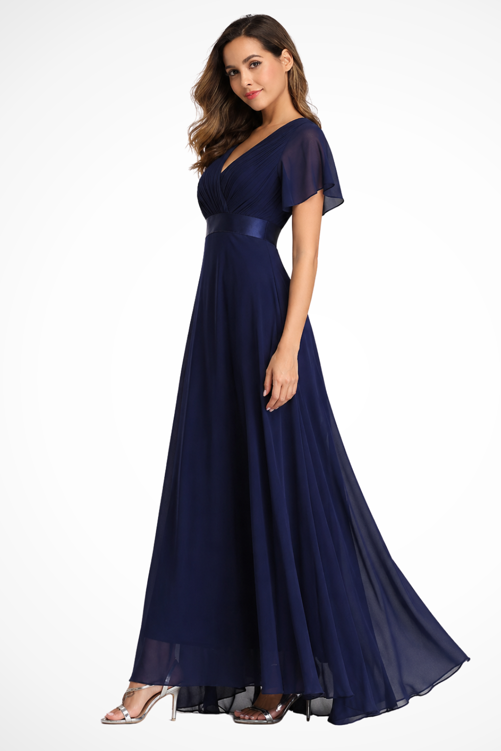 Women's pink chiffon flutter sleeve v-neck wedding guest maxi dress