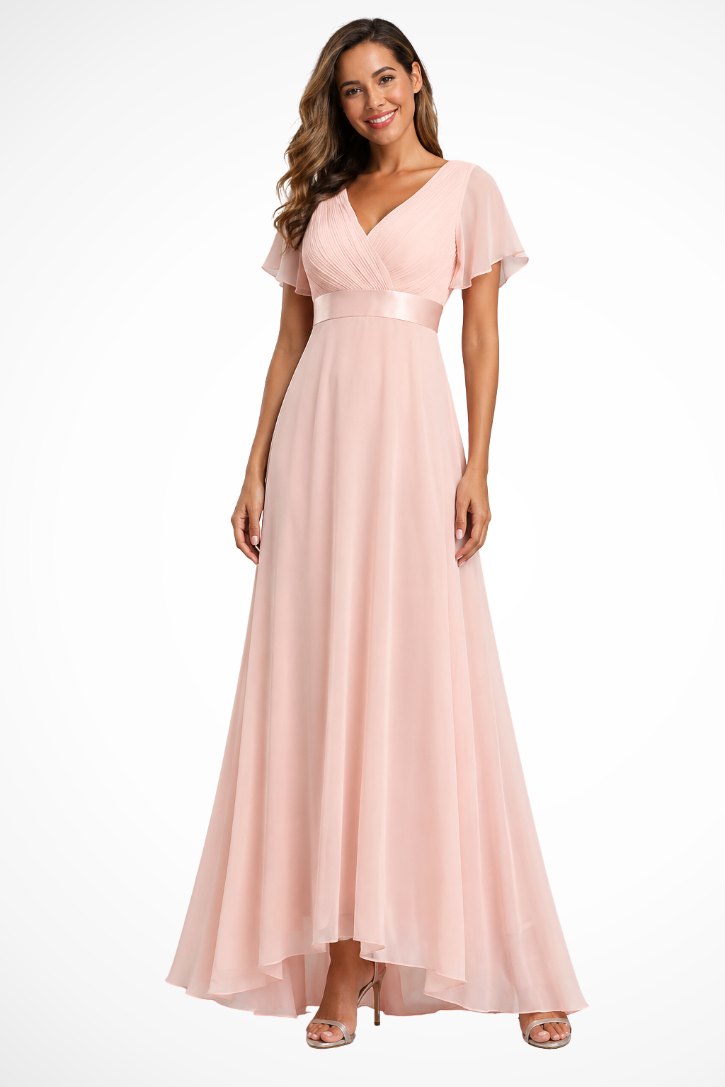 Women's lack blue chiffon flutter sleeve v-neck wedding guest maxi dress