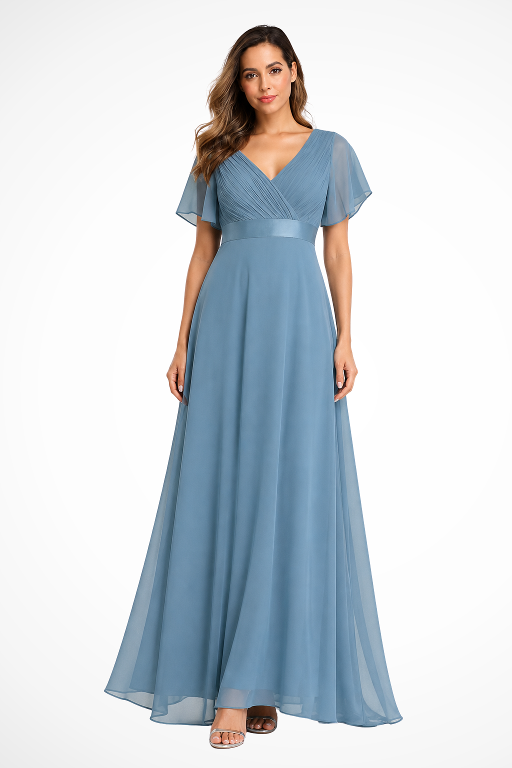 Women's sapphire blue chiffon flutter sleeve v-neck wedding guest maxi dress
