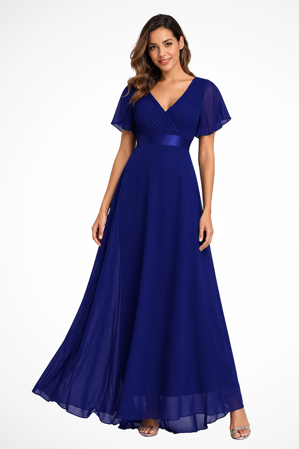 Women's black chiffon flutter sleeve v-neck wedding guest maxi dress