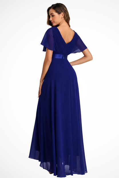 Women's burgundy chiffon flutter sleeve v-neck wedding guest maxi dress